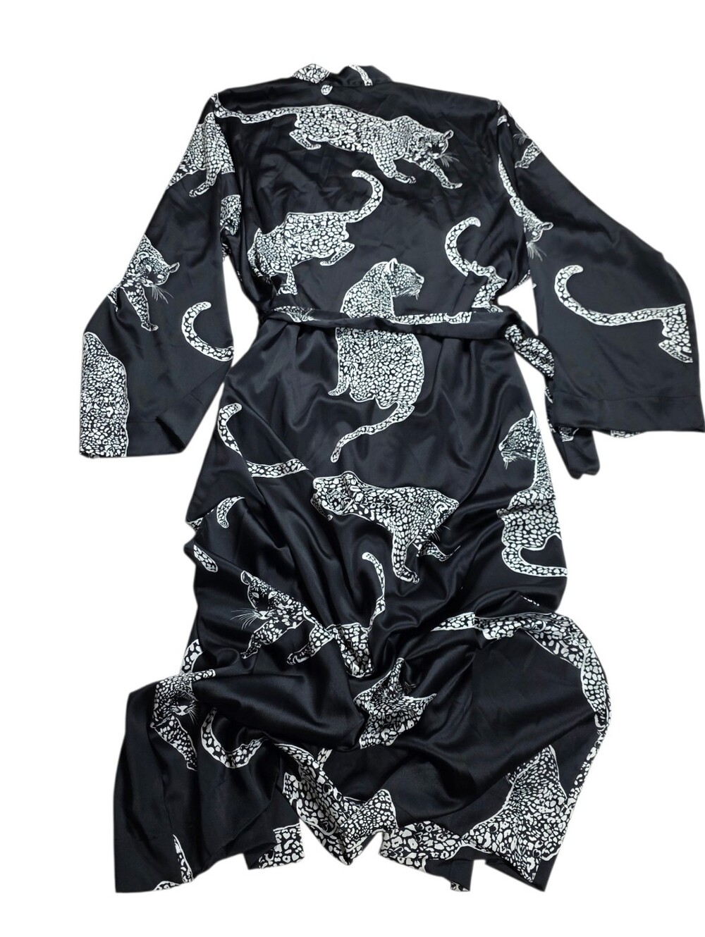 Victoria's Secret Satin Long Robe Black with Leopard Print XS - Picture 7 of 16